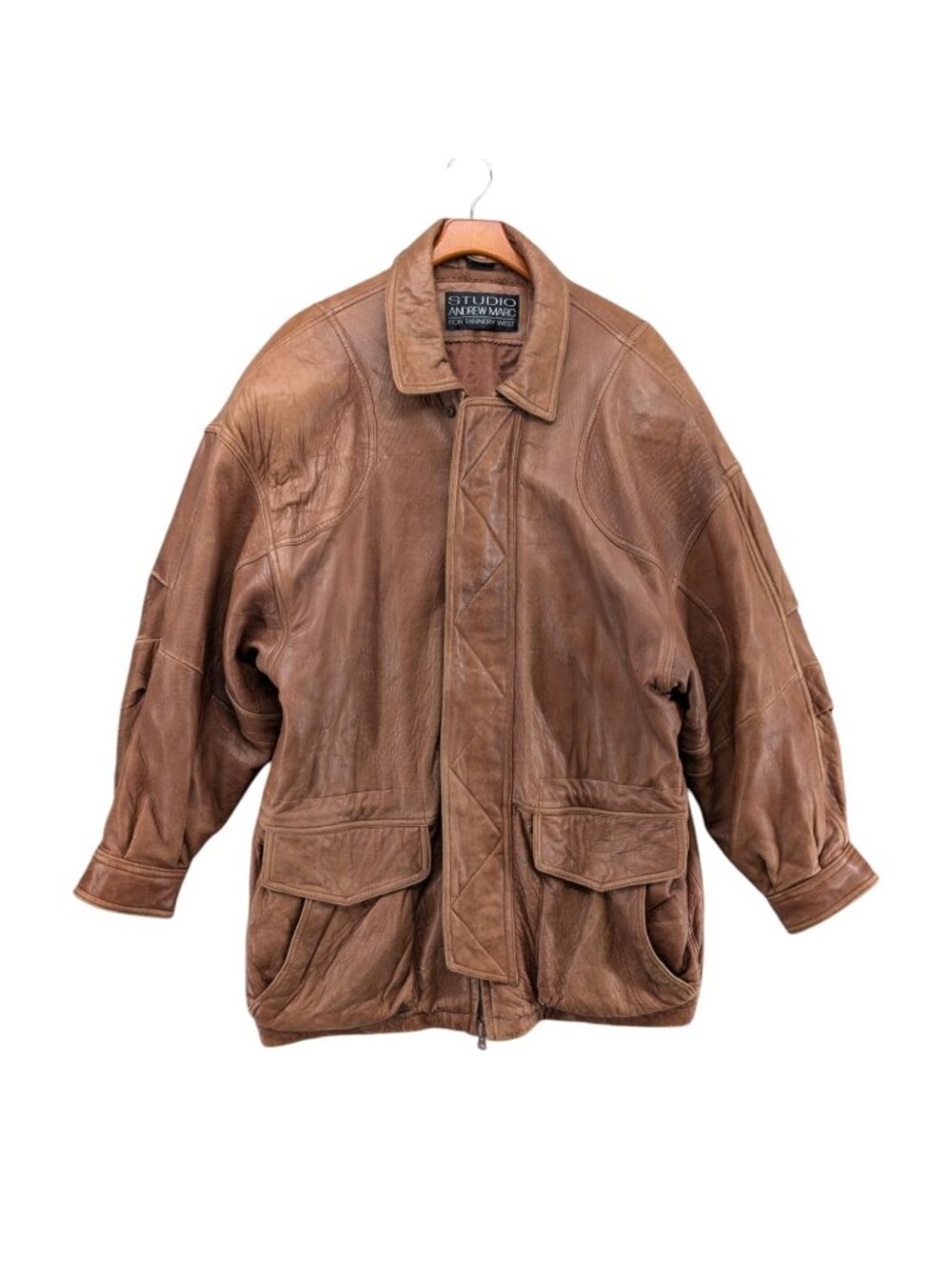 Studio Andrew Marc Tannery West Leather Jacket Mens Brown Mid Length Coat Sz L